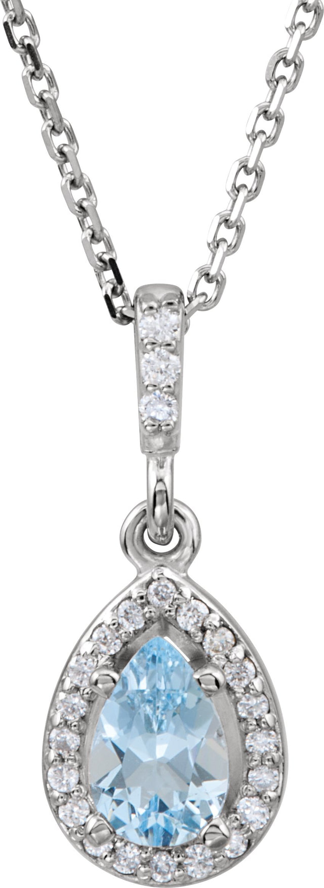 14K Gold Pear Natural Aquamarine & Natural Diamond Halo-Style Necklace
