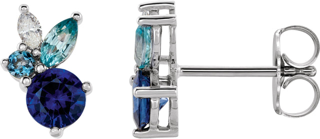 14K Gold Round Natural Blue Sapphire & Natural Aquamarine & Natural Blue Zircon & Natural Diamond Multi-Shape Earrings - White Gold