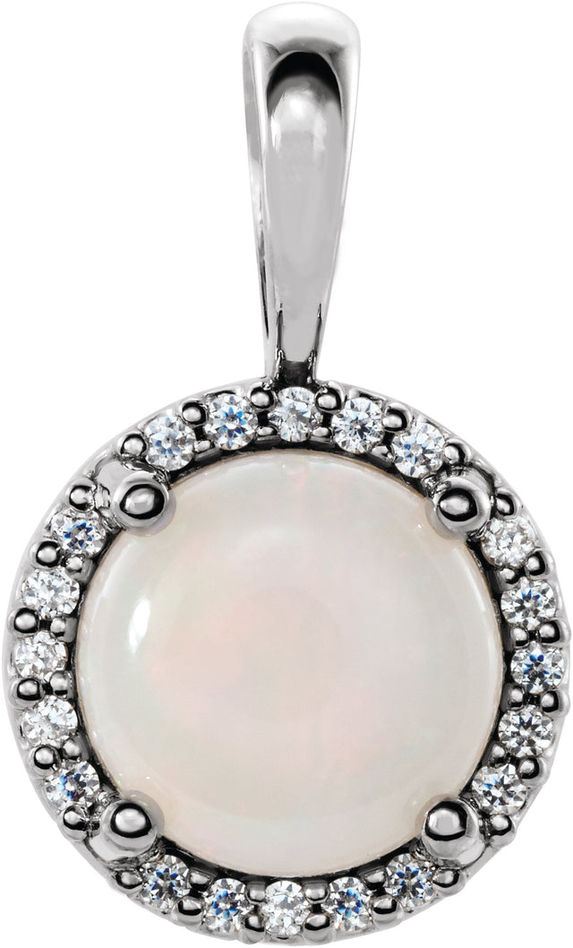 Platinum Natural White Opal & Natural Diamond Round 4-Prong Halo-Style Cabochon Pendant