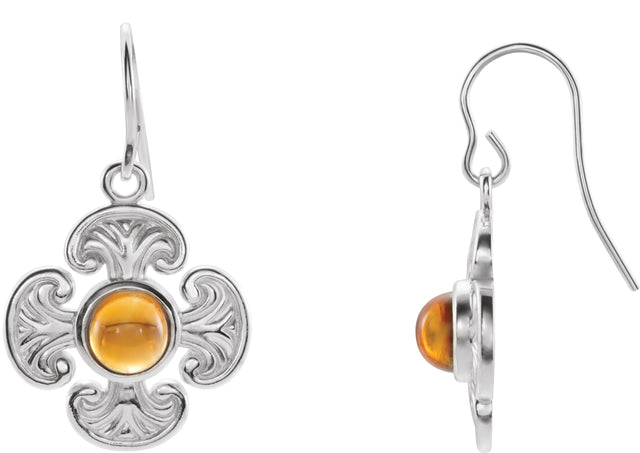 14K Gold Round Natural Citrine Maltese Cross Earrings - White Gold