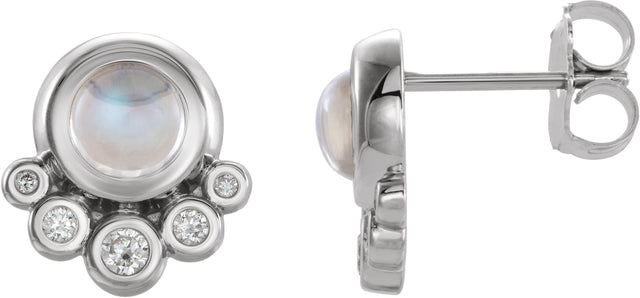 Platinum Round Natural Rainbow Moonstone & Natural Diamond Accented Cabochon Earrings – 5mm Stones