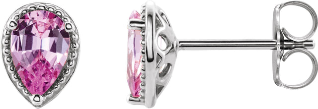 14K Gold Pear Natural Pink Sapphire Beaded Solitaire Earrings - White Gold