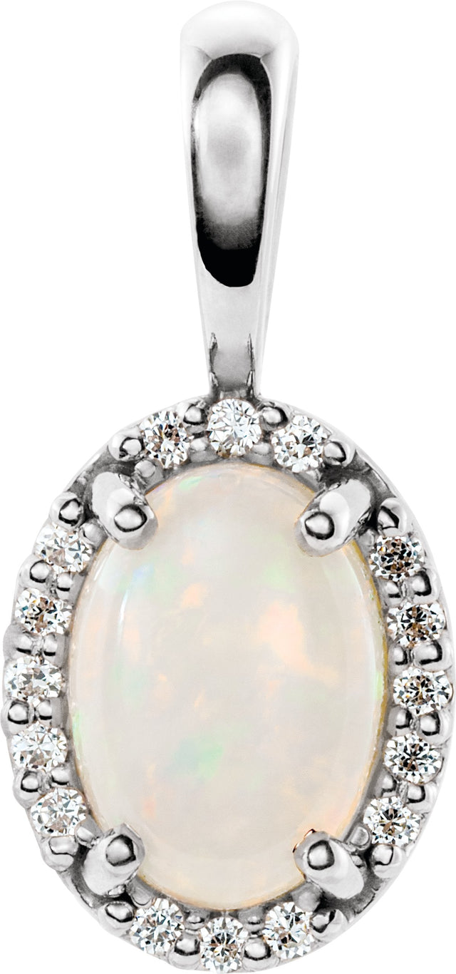 Platinum Natural White Opal & Natural Diamond Oval 4-Prong Halo-Style Cabochon Pendant