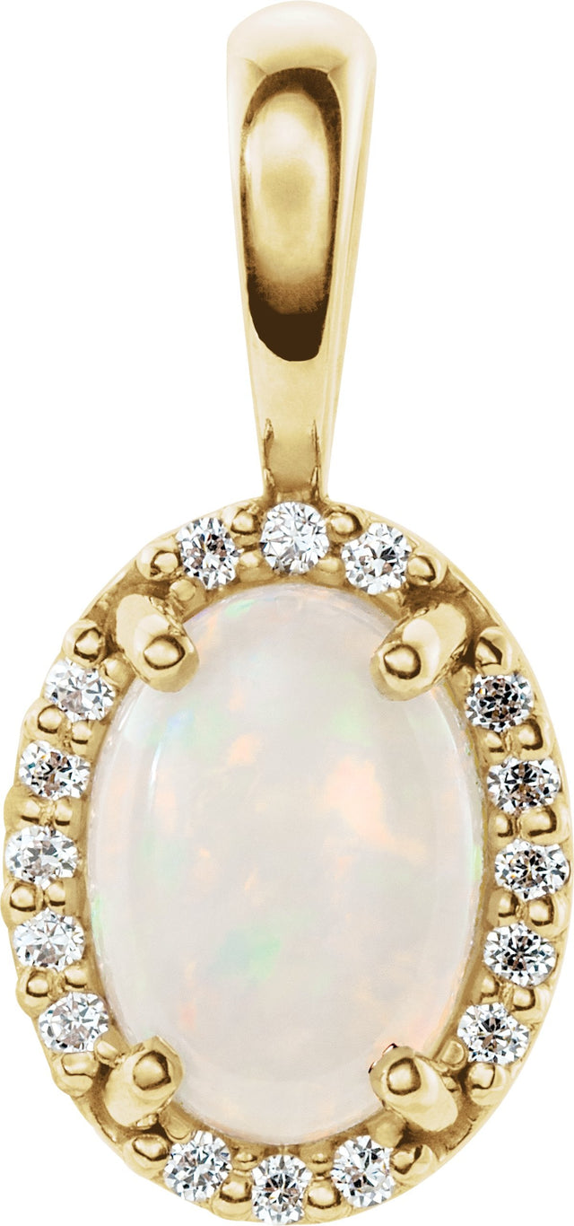 14K Gold Natural White Opal & Natural Diamond Oval 4-Prong Halo-Style Cabochon Pendant - Yellow Gold