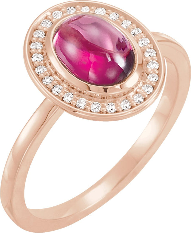 14K Gold Oval Natural Rhodolite Garnet & Natural Diamond Halo-Style Cabochon Ring - Rose Gold