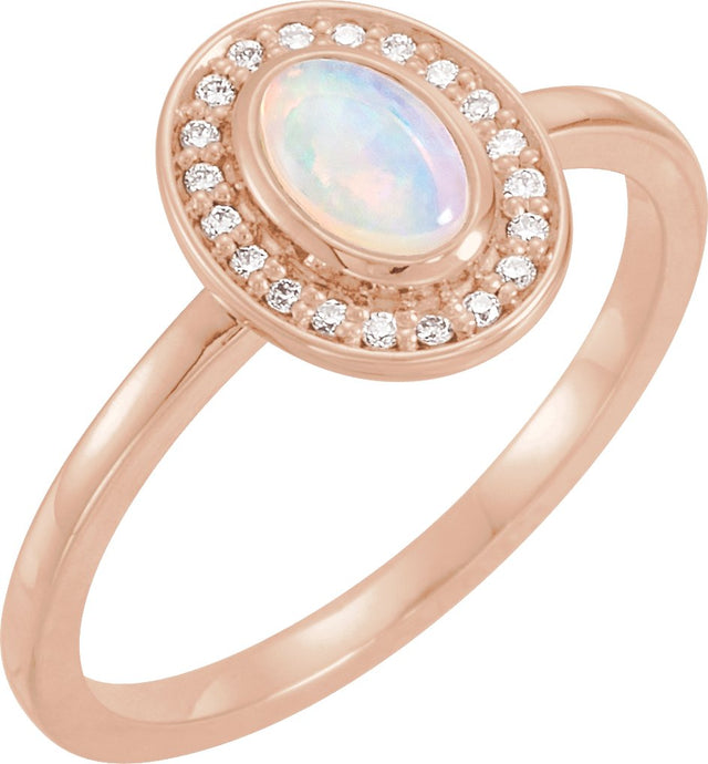 14K Gold Oval Natural White Opal & Natural Diamond Halo-Style Cabochon Ring - Rose Gold