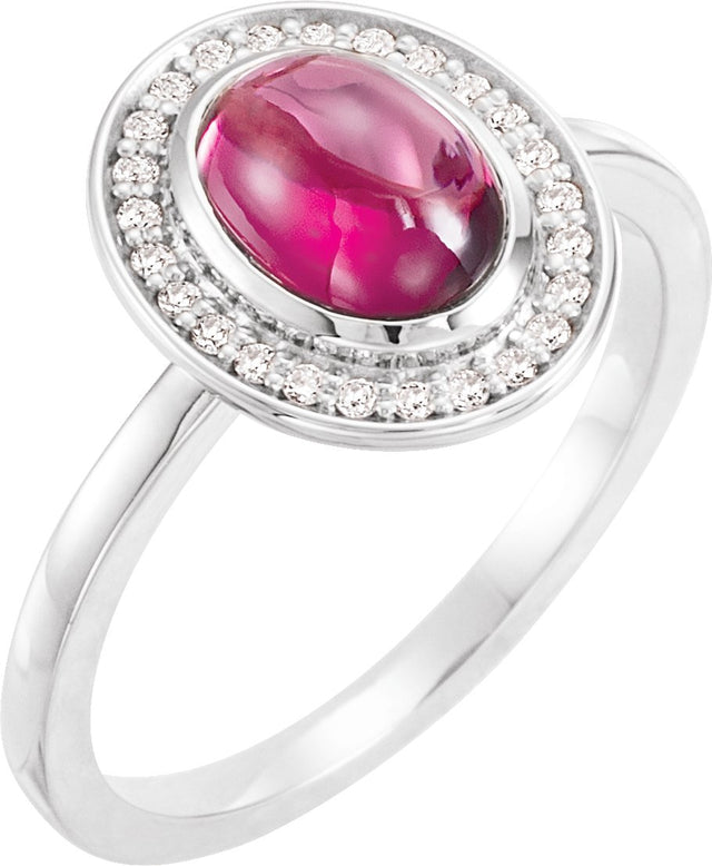 Platinum Oval Natural Rhodolite Garnet & Natural Diamond Halo-Style Cabochon Ring