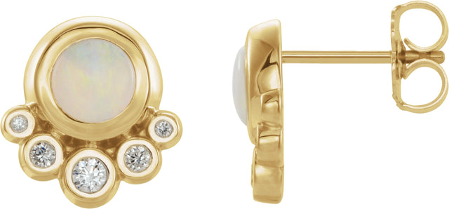 14K Gold Round Natural Opal & Natural Diamond Accented Cabochon Earrings - Yellow Gold