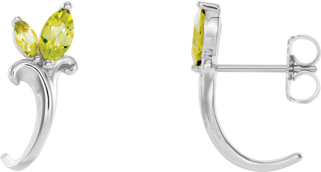 Platinum Marquise Natural Peridot Floral J-Hoop Earrings
