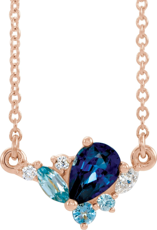 14K Gold Pear Natural Diamond Multi-Shape Necklace - Rose Gold
