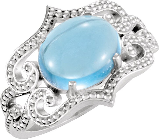 14K Gold Oval Natural Swiss Blue Topaz Cabochon Ring