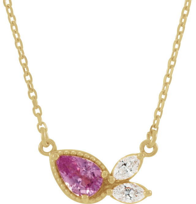 14K Gold Pear Natural Pink Sapphire & Natural Diamond Multi-Shape Necklace - Yellow Gold