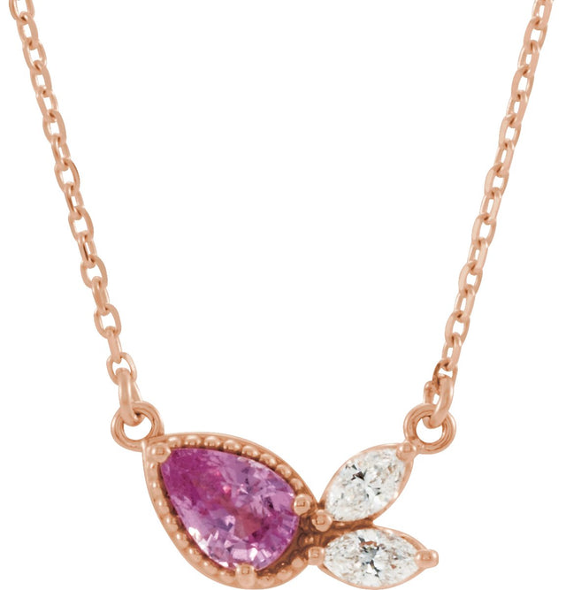 14K Gold Pear Natural Pink Sapphire & Natural Diamond Multi-Shape Necklace - Rose Gold