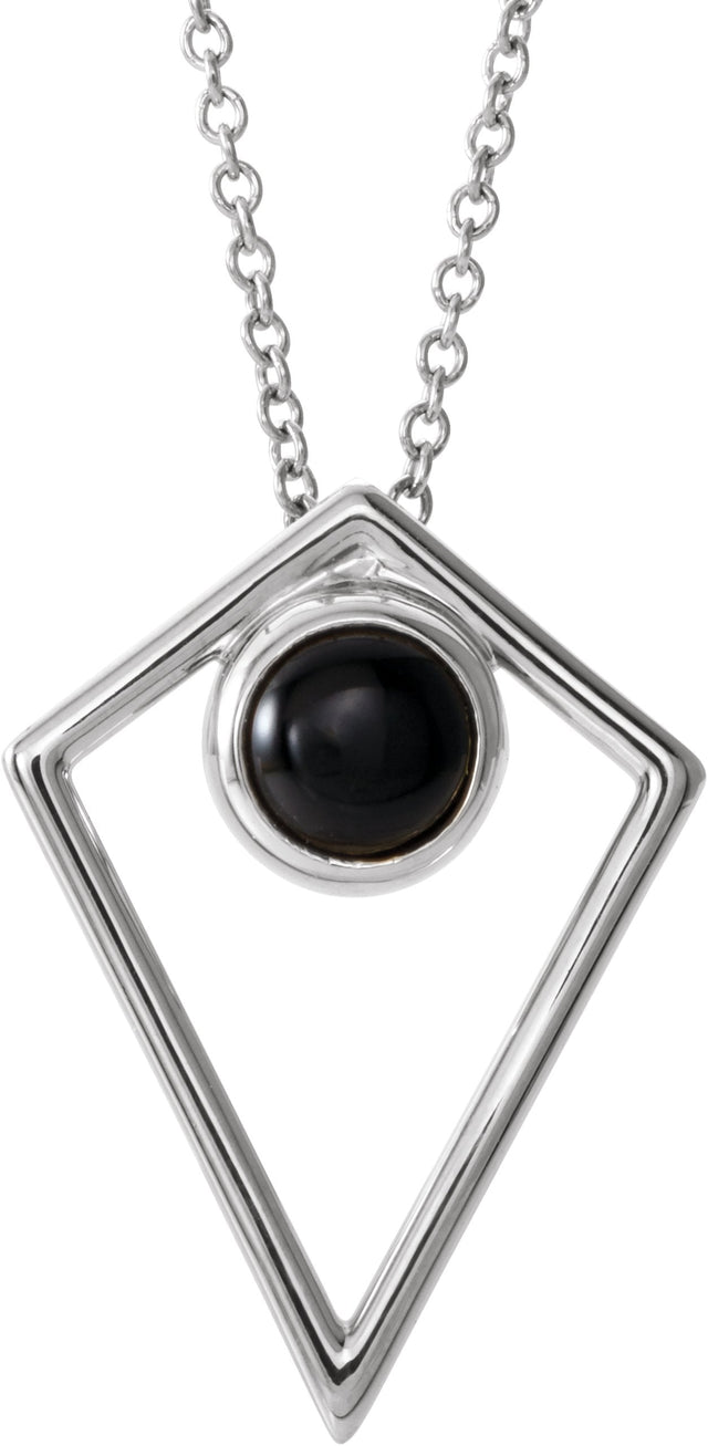 14K Gold Round Natural Black Onyx Cabochon Pyramid Necklace or Pendant - White Gold