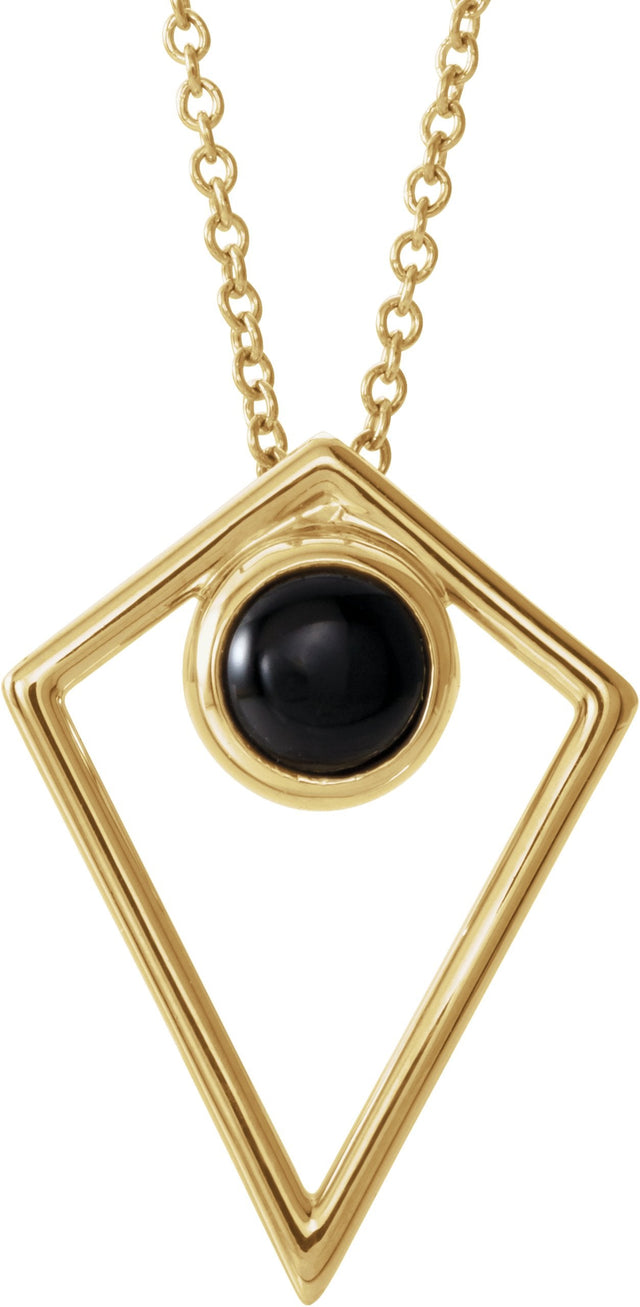 14K Gold Round Natural Black Onyx Cabochon Pyramid Necklace or Pendant - Yellow Gold