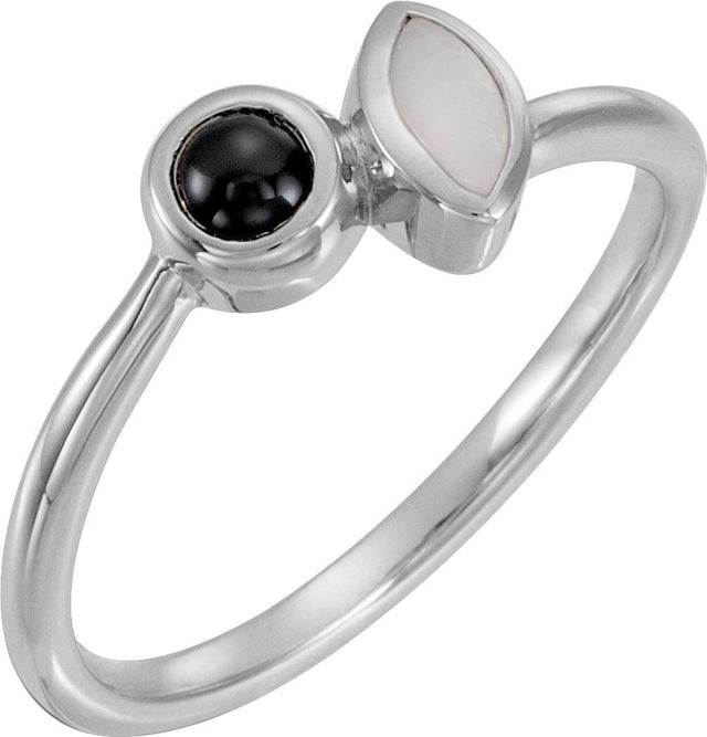 Platinum Round Natural White Opal & Natural Black Onyx Two-Stone Bezel-Set Ring
