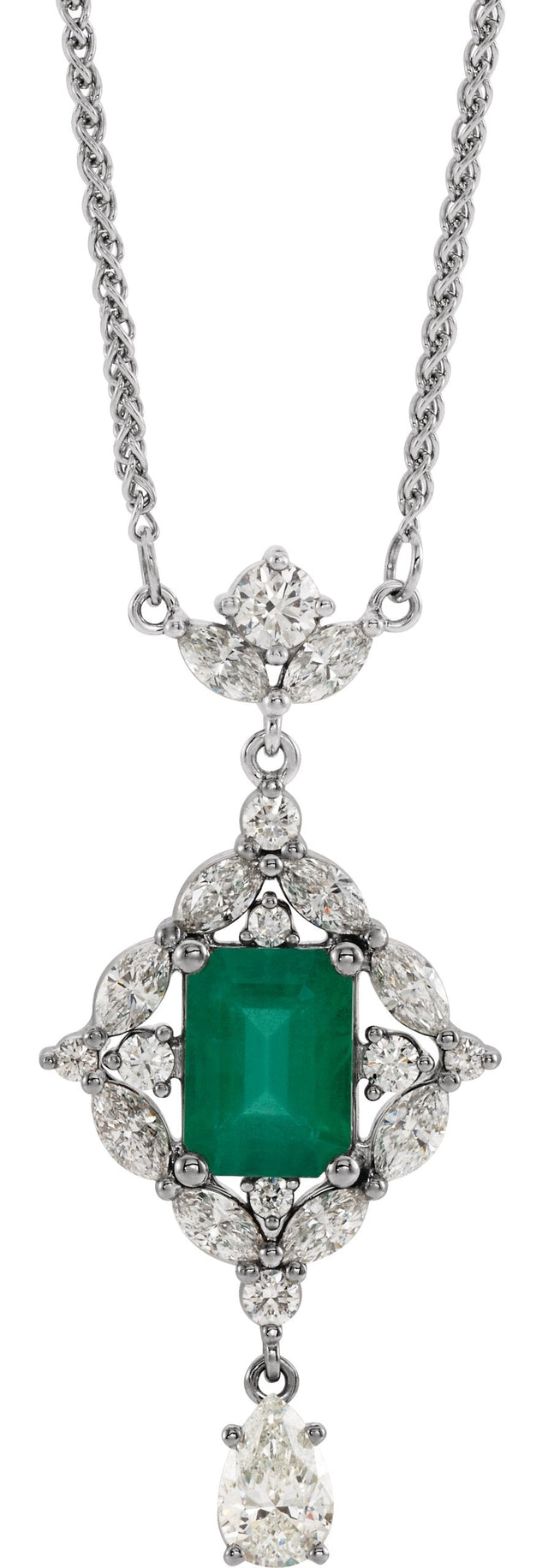 Platinum Emerald Natural Emerald & Natural Diamond Halo-Style Necklace