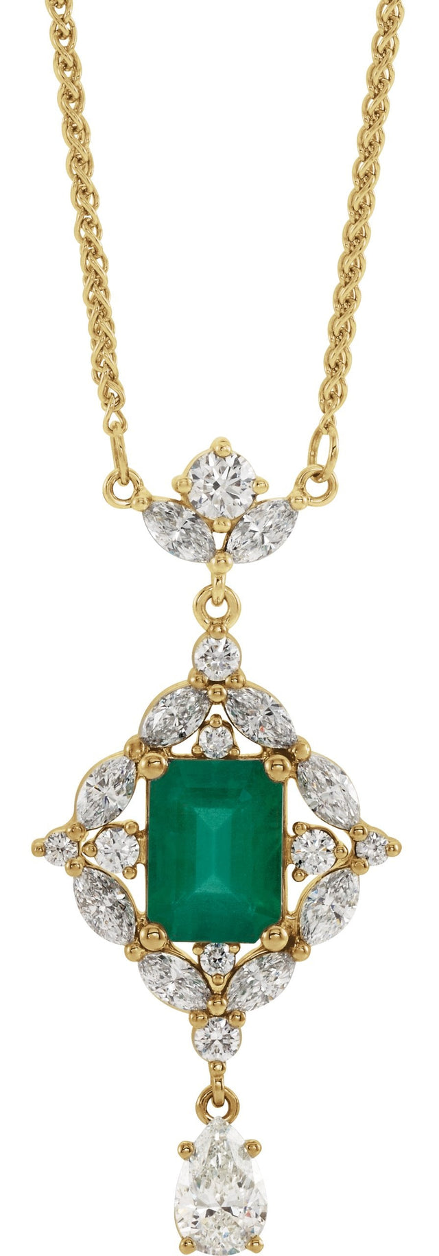 14K Gold Emerald Natural Emerald & Natural Diamond Halo-Style Necklace - Yellow Gold