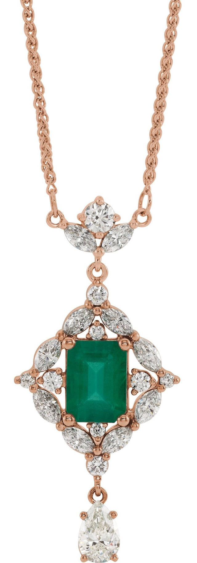 14K Gold Emerald Natural Emerald & Natural Diamond Halo-Style Necklace - Rose Gold