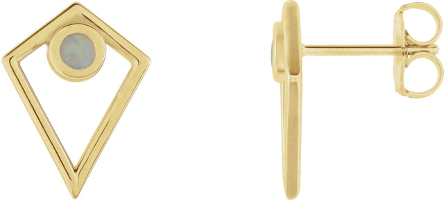 14K Gold Round Natural Opal Cabochon Pyramid Earrings - Yellow Gold