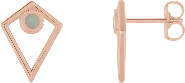 14K Gold Round Natural Opal Cabochon Pyramid Earrings - Rose Gold