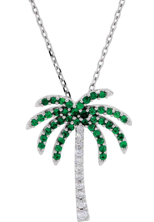 14K Gold Natural Tsavorite Garnet & Natural Diamond Palm Tree Necklace
