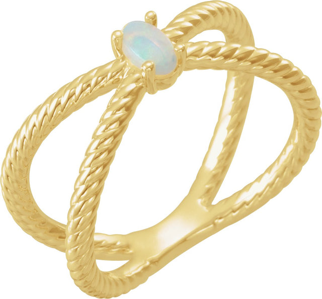 14K Gold Oval Natural White Opal Criss-Cross Cabochon Ring - Yellow Gold