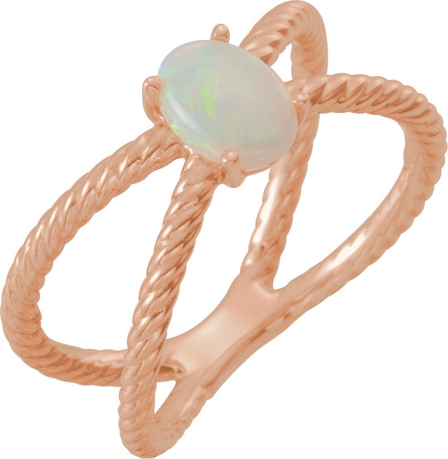 14K Gold Oval Natural White Opal Criss-Cross Cabochon Ring - Rose Gold