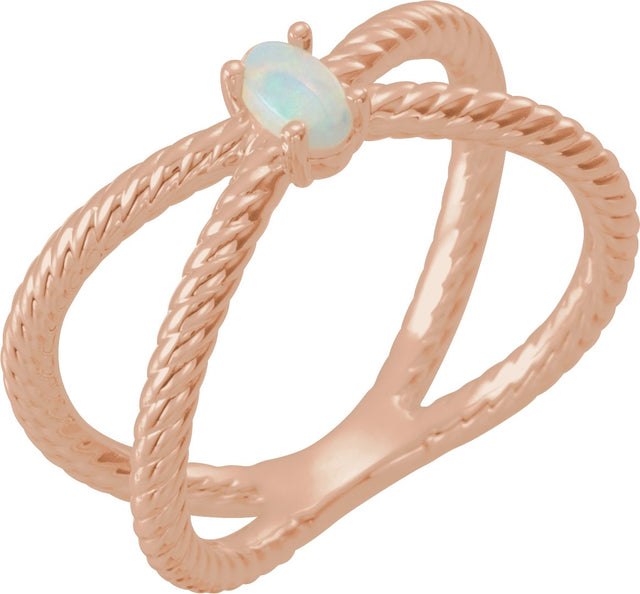 14K Gold Oval Natural White Opal Criss-Cross Cabochon Ring - Rose Gold
