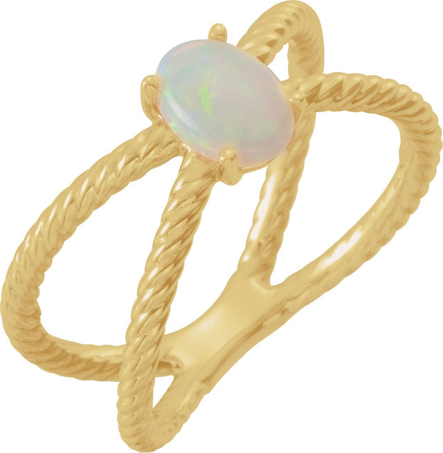 14K Gold Oval Natural White Opal Criss-Cross Cabochon Ring - Yellow Gold