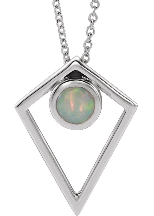 14K Gold Round Natural White Opal Cabochon Pyramid Necklace or Pendant - White Gold