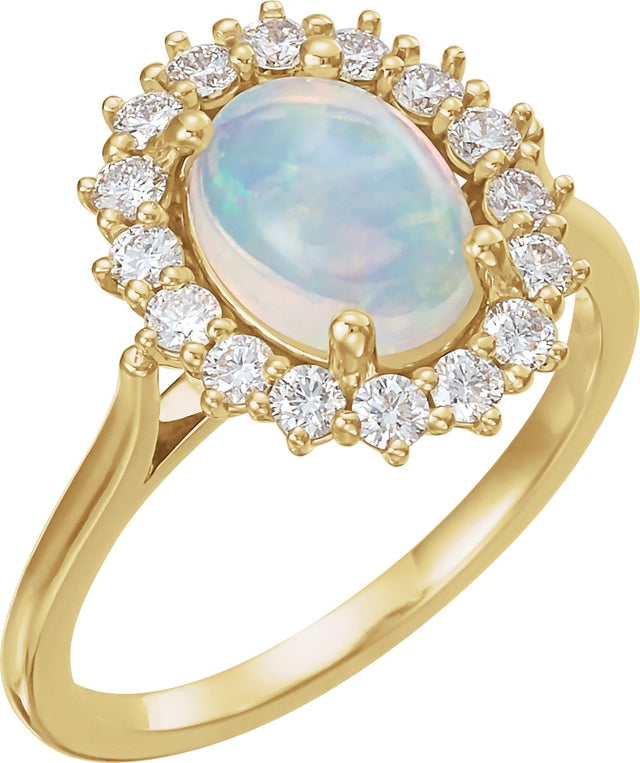 14K Gold Oval Natural White Ethiopian Opal & Natural Diamond Halo-Style Cabochon Ring - Yellow Gold