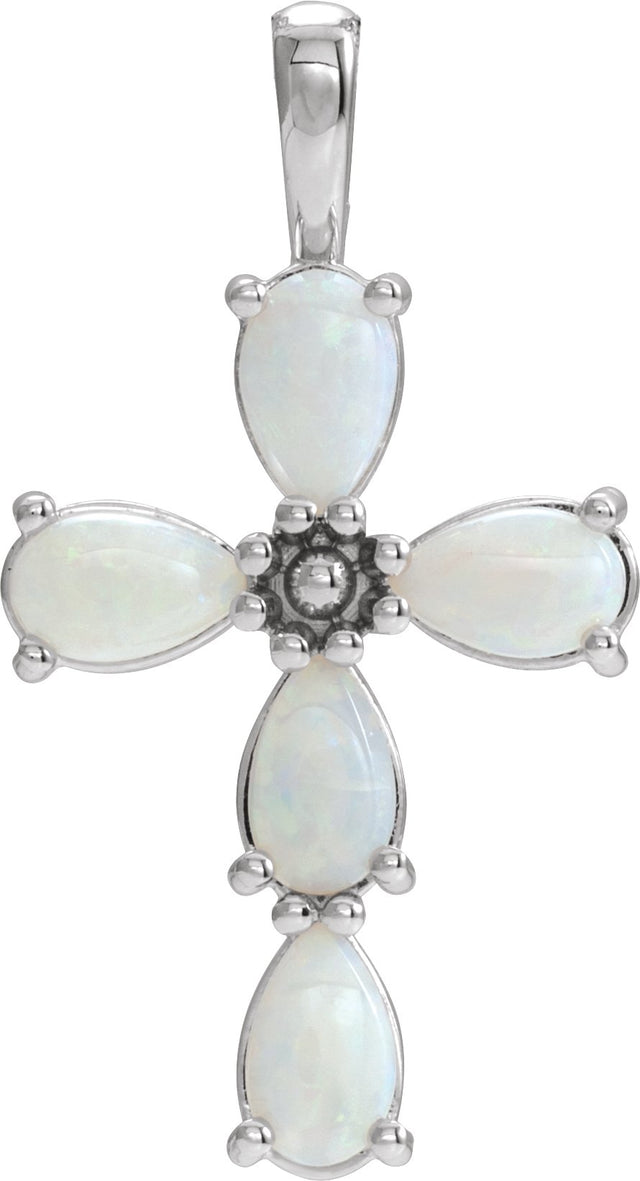 Platinum Pear Natural White Opal Beaded Cross Necklace or Pendant