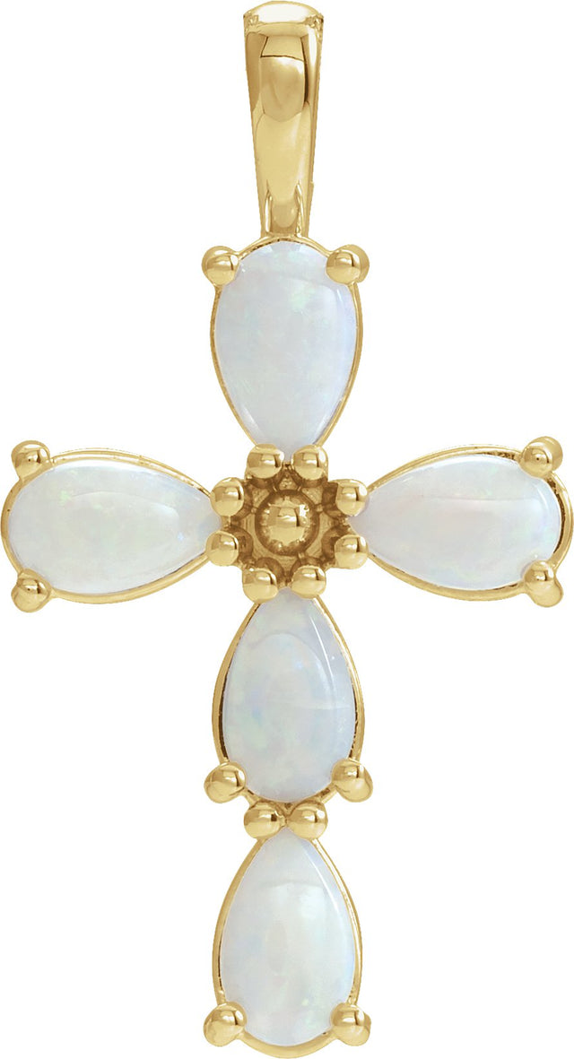 14K Gold Pear Natural White Opal Beaded Cross Necklace or Pendant - Yellow Gold