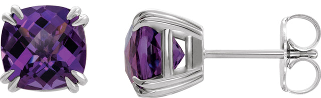 Platinum Natural Amethyst Cushion Double Claw-Prong Stud Earrings