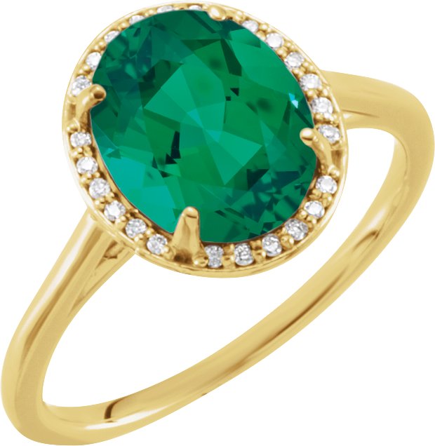 14K Gold Oval Lab-Grown Emerald & Natural Diamond Halo-Style Ring – 10x8mm - Yellow Gold