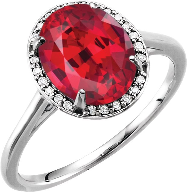 14K Gold Oval Lab-Grown Ruby & Natural Diamond Halo-Style Ring – 10x8mm - White Gold