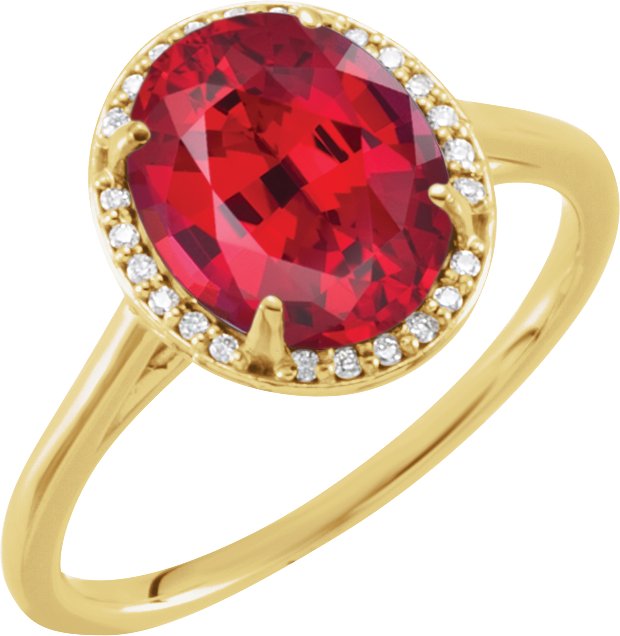 14K Gold Oval Lab-Grown Ruby & Natural Diamond Halo-Style Ring – 10x8mm - Yellow Gold