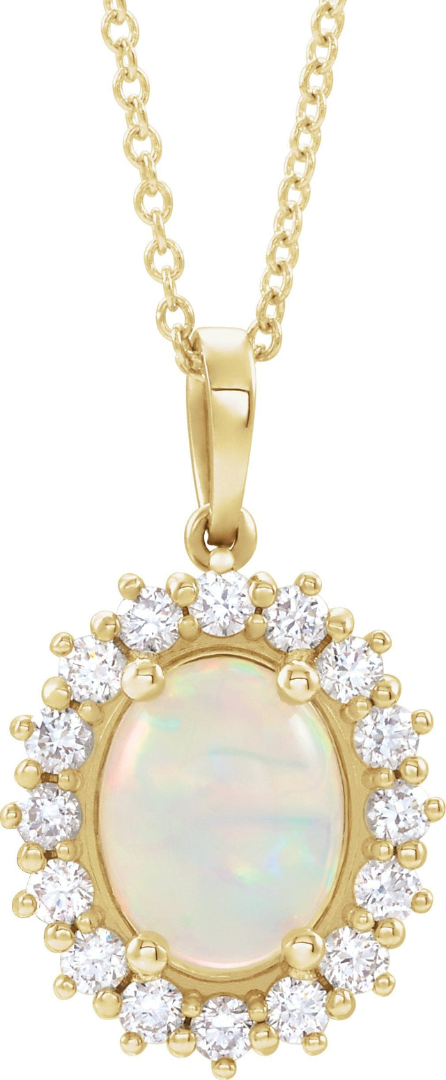 14K Gold Oval Natural White Opal & Natural Diamond Halo-Style Necklace or Pendant – 8x6mm - Yellow Gold