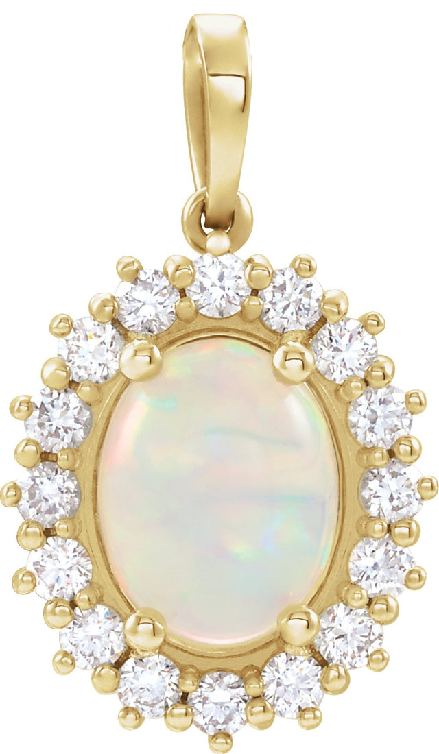 14K Gold Oval Natural White Opal & Natural Diamond Halo-Style Necklace or Pendant – 8x6mm - Yellow Gold