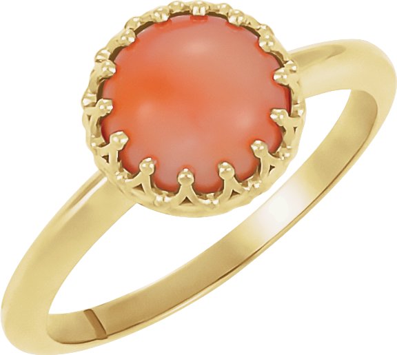 14K Gold Round Natural Pink Coral Crown Cabochon Ring - Yellow Gold