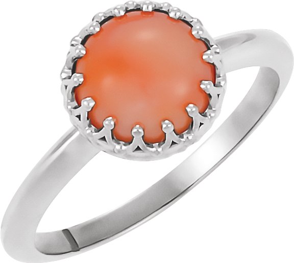 14K Gold Round Natural Pink Coral Crown Cabochon Ring - White Gold