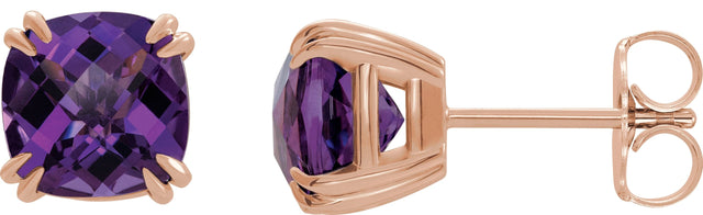 14K Gold Natural Amethyst Cushion Double Claw-Prong Stud Earrings - Rose Gold