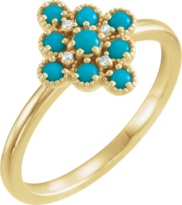 14K Gold Round Natural Turquoise & Natural Diamond Geometric Cluster Ring - Yellow Gold