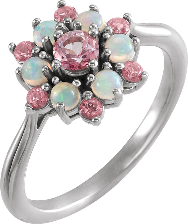 Platinum Round Natural Pink Tourmaline & Natural Ethiopian Opal Cluster Ring