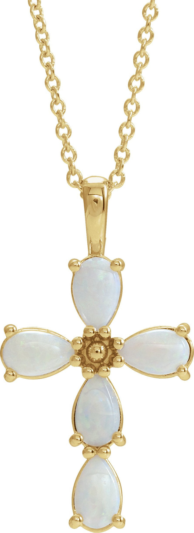 14K Gold Pear Natural White Opal Beaded Cross Necklace or Pendant - Yellow Gold