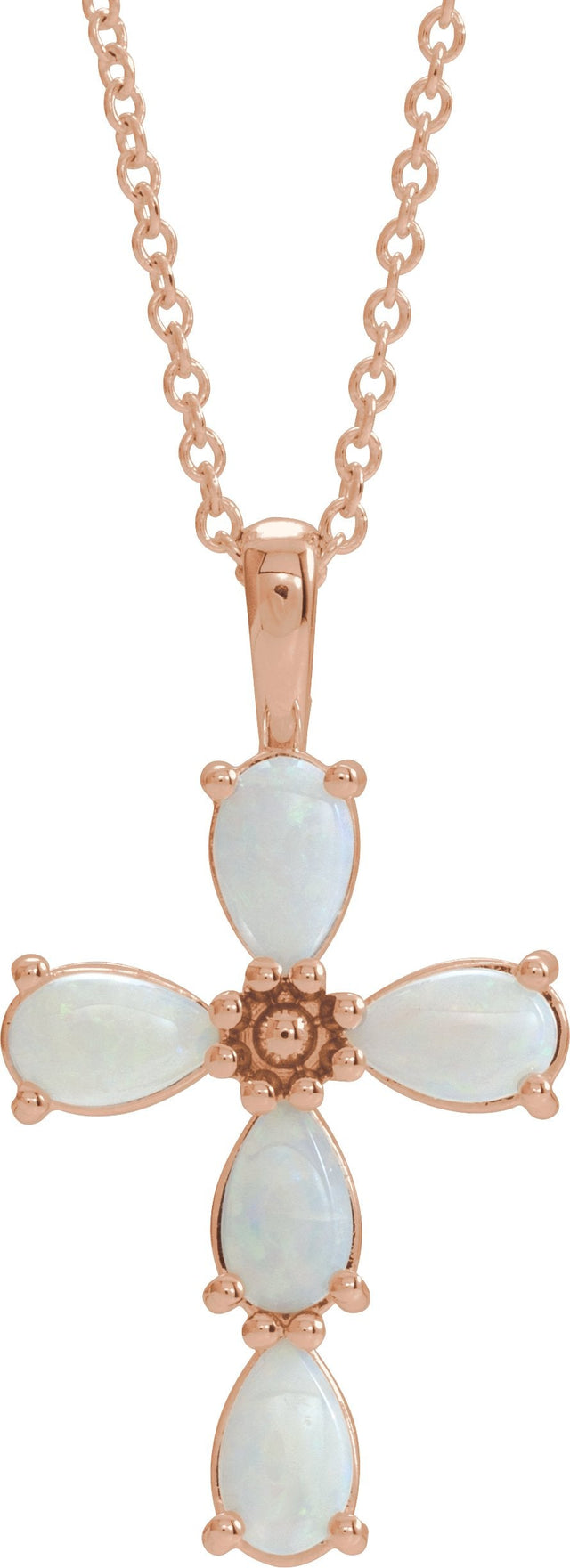 14K Gold Pear Natural White Opal Beaded Cross Necklace or Pendant - Rose Gold