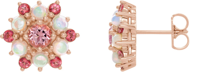 14K Gold Round Natural Pink Tourmaline & Natural Ethiopian Opal Accented Cabochon Earrings - Rose Gold