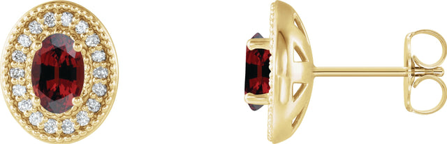 14K Gold Natural Mozambique Garnet & Natural Diamond Oval 4-Prong Halo-Style Earrings - Yellow Gold