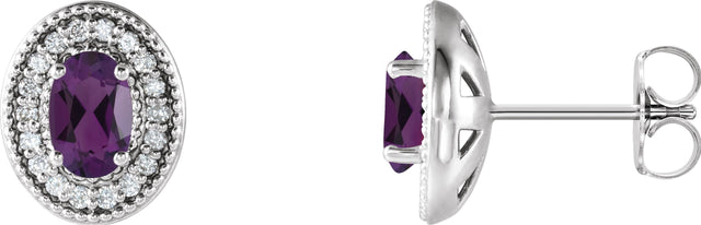 14K Gold Natural Amethyst & Natural Diamond Oval 4-Prong Halo-Style Earrings - White Gold